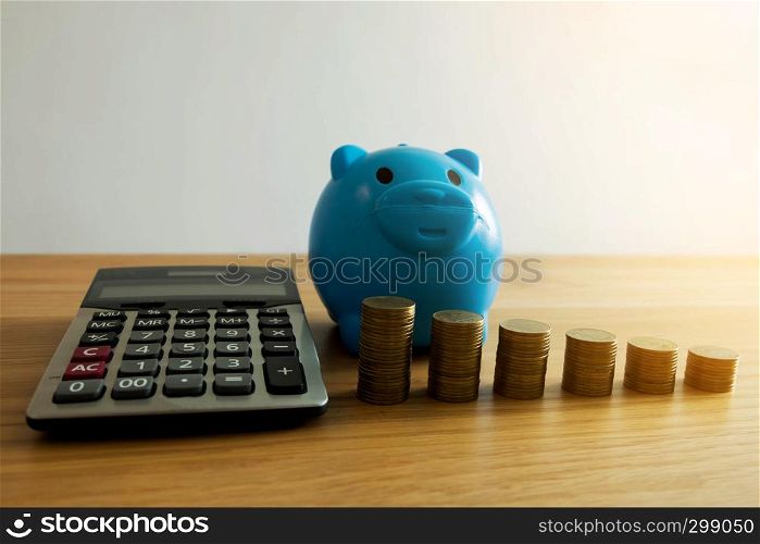 The blue piggy bank with business ,save money .finance concept .