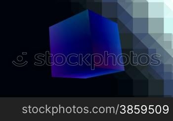 The blue shone cube slowly rotates on a black background