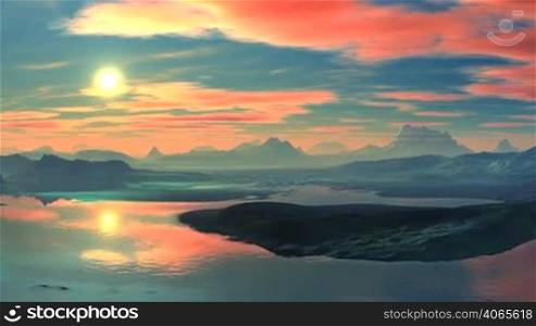 The blue sky bright sun sets over the horizon. Slowly floating pink clouds. The calm lake surface reflects the sky. On the horizon, low mountains covered with a light haze.