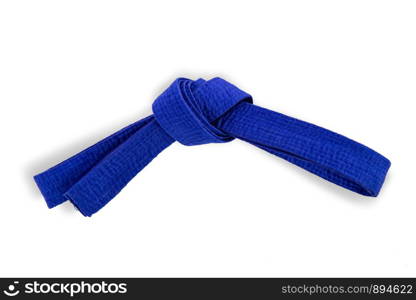 The blue sports belt for martial arts knotted lies on a white background. Blue Belt Knot