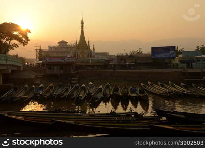 the Boat landing Pier at the Nan Chaung Main Canal in the city of Nyaungshwe at the Inle Lake in the Shan State in the east of Myanmar in Southeastasia.. ASIA MYANMAR BURMA INLE LAKE BOAT JETTY PIER