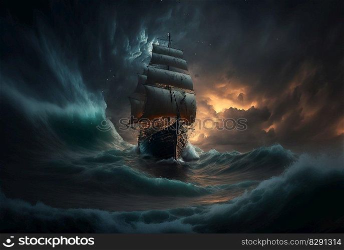 The Boat on tall powerful cross ocean wave breaking during a dark, stormy evening. The Boat on tall powerful cross ocean wave breaking during a dark, stormy evening AI Generated