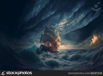The Boat on tall powerful cross ocean wave breaking during a dark, stormy evening. The Boat on tall powerful cross ocean wave breaking during a dark, stormy evening AI Generated