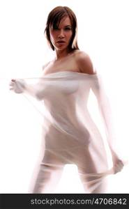 The body of a beautiful naked woman through the transparent fabric on a white background