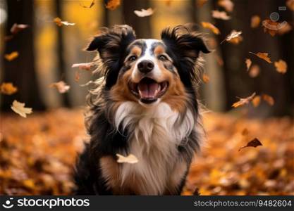 The border Collie dog is sitting in the autumn forest. Yellow leaves flying from the tree, autumn atmosphere. The border Collie dog is sitting in the autumn forest. Yellow leaves are flying from the tree