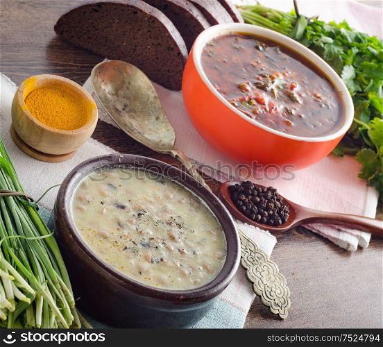 The borsch and mushroom soup served on table. Borsch and mushroom soup served on table