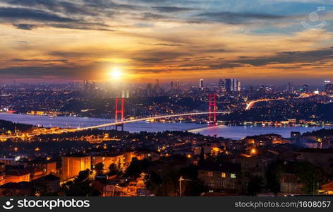 The Bosphorus bridge in Istanbul at sunset, Turkey.