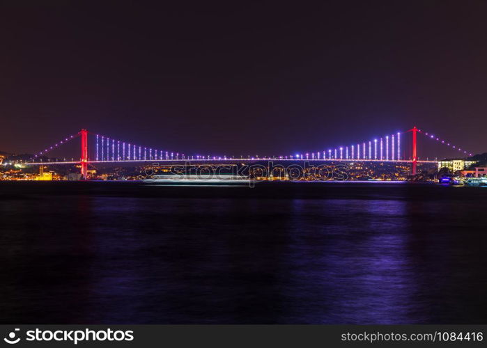 The Bosphorus Bridge or the 15 July Martyr&rsquo;s bridge, night panorama, Istanbul.. The Bosphorus Bridge or the 15 July Martyr&rsquo;s bridge, night panorama, Istanbul
