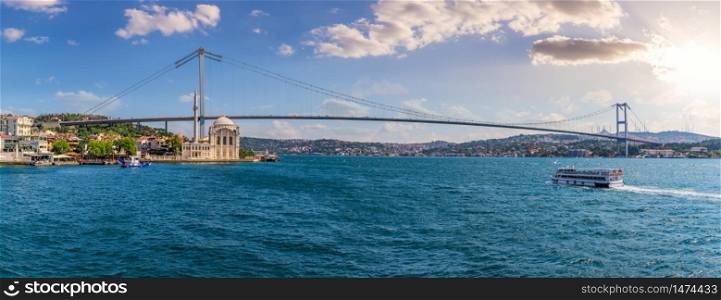 The Bosphorus Bridge or the 15 July Martyrs Bridge panorama, Istanbul, Turkey.. The Bosphorus Bridge or the 15 July Martyrs Bridge panorama, Istanbul, Turkey