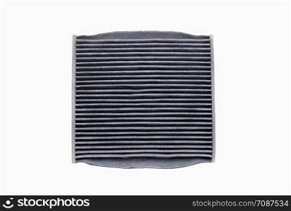 The bottom side of dirty air filter isolated on white background with clipping path. Car, automotive services maintenance parts.
