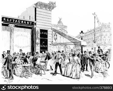 The boulevards, the corner of the Place de l'Opera, vintage engraved illustration. Paris - Auguste VITU ? 1890.
