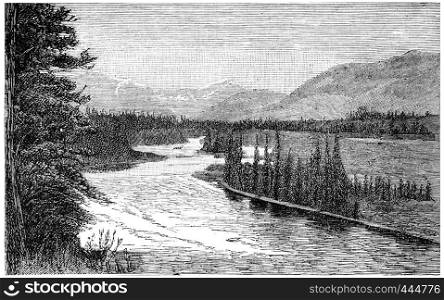 The Bow River near Padmore, vintage engraved illustration. Journal des Voyages, Travel Journal, (1880-81).