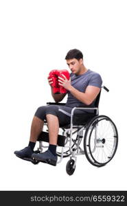The boxer recovering from injury on wheelchair. Boxer recovering from injury on wheelchair