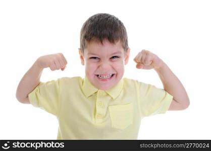 The boy shows his muscles. Isolated on a white background