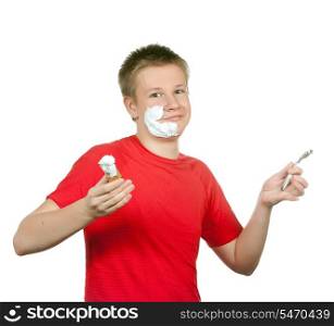 The boy, the teenager the first time tries to have a shave