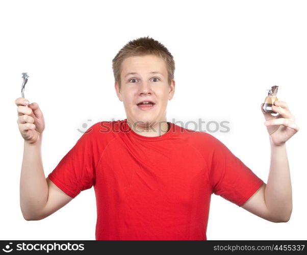 The boy, the teenager the first time tries to have a shave and is confused.