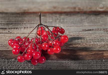 The branch of the viburnum hangs on the edge of the table. One juicy branch of viburnum lies on the edge of the old rustic table.