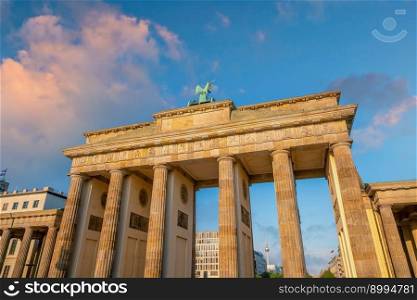 The Brandenburg Gate in downtown Berlin Germany at sunset