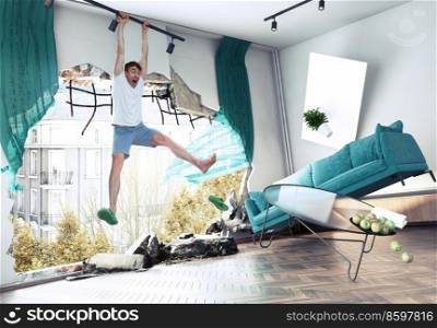 the breaking the wall in the living room.  3d and photo  concept illustration