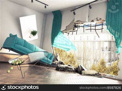 the breaking the wall in the living room.  3d    concept illustration