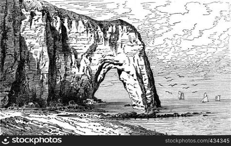 The breakthrough of Etretat rock, vintage engraved illustration. Journal des Voyages, Travel Journal, (1879-80).