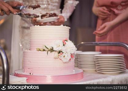 The bride and groom divide the wedding cake into parts for the guests.. The bride and groom are cutting the wedding cake into pieces 4272.