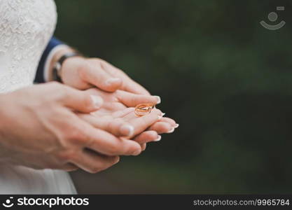 The bride and groom hold the rings in their palms.. Wedding rings on the hands of the bride and groom 2610.