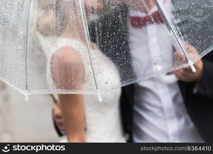 the bride and groom in the rain are covered with a transparent umbrella, rain drops