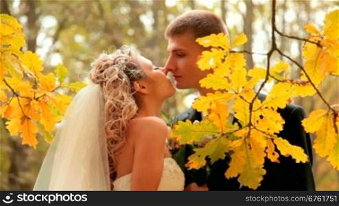the bride and groom kissing in the autumn park