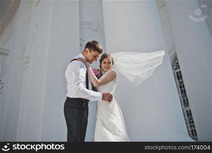 The bride and groom on the background of the white Church.. Newlyweds hugging on the background of the Church 3808.