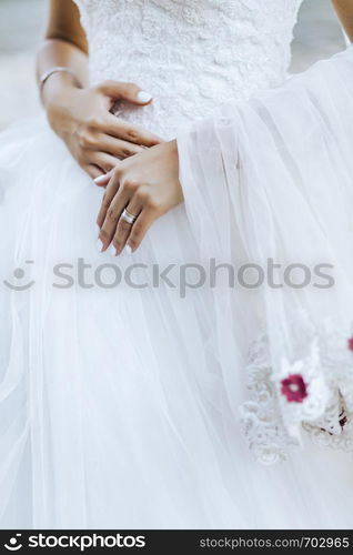 The bride and the ring are on the wedding dress.