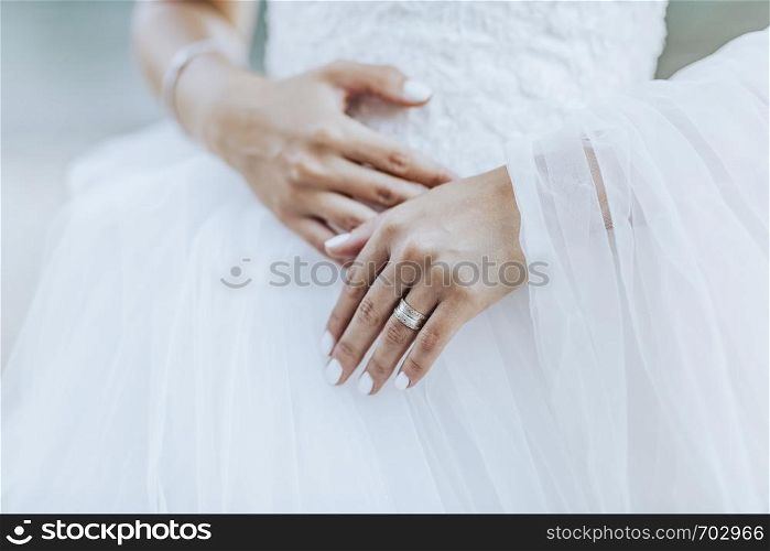 The bride and the ring are on the wedding dress.