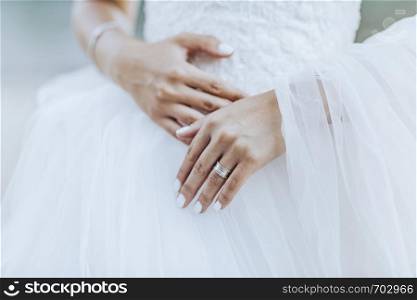 The bride and the ring are on the wedding dress.