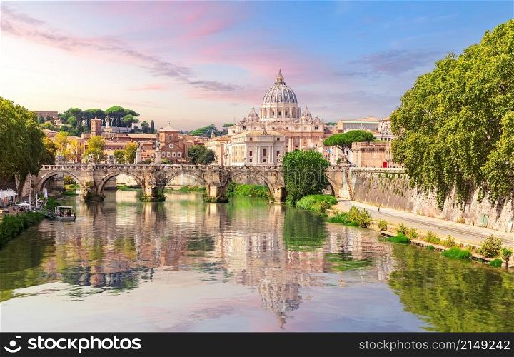 The bridge across the Tiber and the Vatican City view, Rome, Italy.