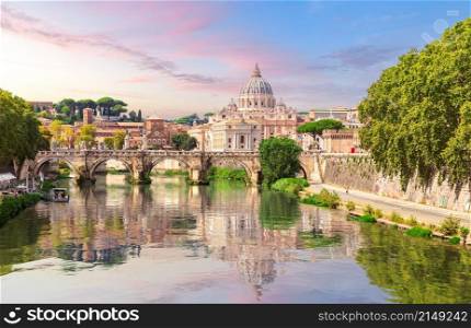 The bridge across the Tiber and the Vatican City view, Rome, Italy.