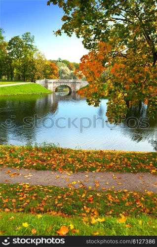 The bridge over a reservoir in autumn park