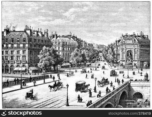 The bridge, the square and the boulevard Saint-Michel, vintage engraved illustration. Paris - Auguste VITU ? 1890.