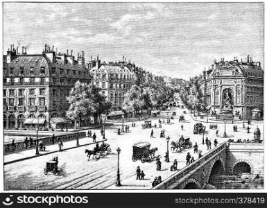 The bridge, the square and the boulevard Saint-Michel, vintage engraved illustration. Paris - Auguste VITU ? 1890.