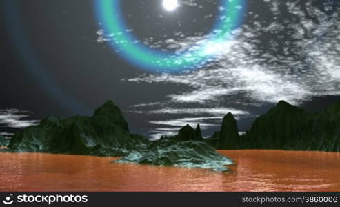 The bright being shone object (a star, UFO) in the dark sky pulses sending light rings. Slowly clouds float. Low rocks and stone islands stand among water of orange color.