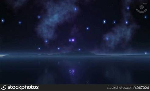 The bright blue object slowly descends to the foggy horizon, changing its color to orange. In a huge dark sky, bright stars and nebulae. Below them an island, in the water the sky reflects.