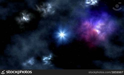 The bright blue star shines in the depth of space. Round it nebulas (space gas) slowly rotate.