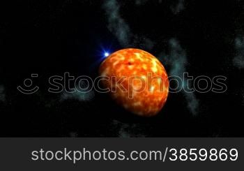 The bright blue star (UFO) takes off because of the sun and comes nearer. The major fiery planet slowly changes the surface. In the dark sky bright stars and nebulas.