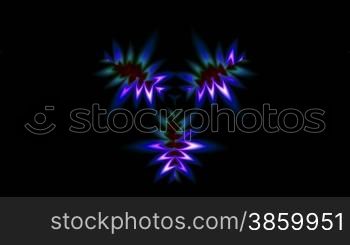 The bright color pattern slowly moves and turns into flowers (stars) on a black background.