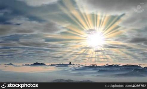 The bright morning sun emits rays of light. White fluffy clouds slowly float across the blue sky over the mountains. Mountains, hills and valleys covered with a pinkish mist. Fabulous and happily.