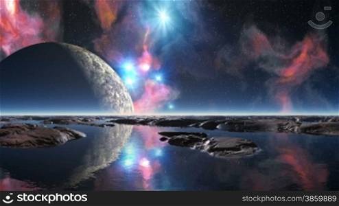 The bright nebula is slowly poured in dark star the sky. Big blue stars brightly sparkle. On the sky the white moon quickly floats. The horizon is covered with a white fog. The huge planet is reflected in water. From water small flat boulders act.