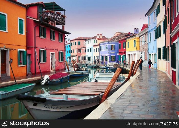 The bright pastel-coloured houses on Burano Island in the north of Venice&rsquo;s lagoon, Italy