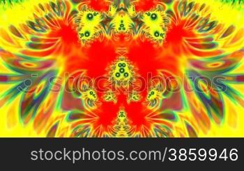 The bright pattern (fractal) slowly changes color and a form on a bright yellow background.