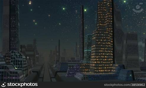 The bright red object (a meteorite, UFO) quickly flies on the night star sky. It occurs against the fantastic city consisting of high, strange buildings. The horizon is shrouded in a fog.