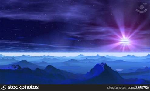 The bright star flies against a mountain landscape. Night, stars flicker.