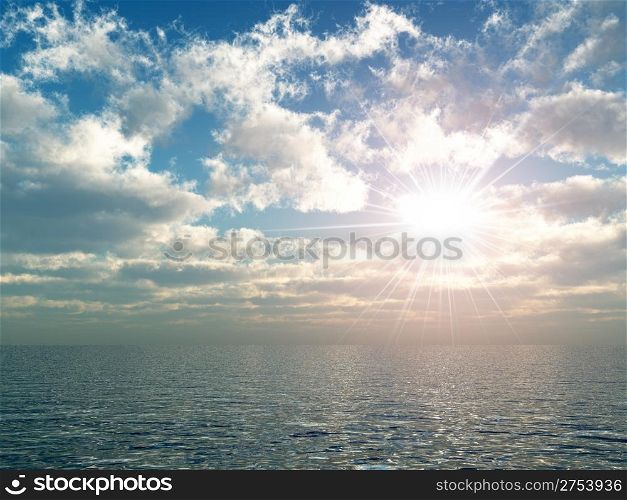 The bright sun above ocean. Soft fluffy clouds
